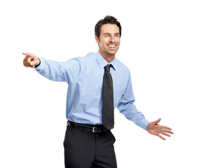Pointing, marketing and advertising with a business man in studio on a white background with mockup. Space, product placement and success with a male employee working to promote a corporate product