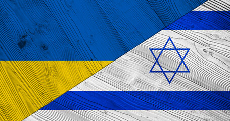 Background with flag of Ukraine and Israel on wooden split plank. 3d illustration