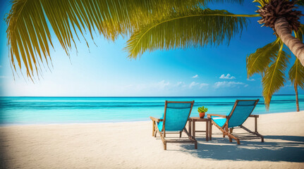 Fototapeta na wymiar Chairs In Tropical Beach With Palms Trees, turquoise sea, white sand and sun, very beautiful nature