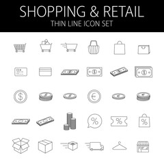 shopping and retail thin line icon set with editable stroke, vector illustration