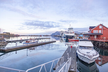 View of  Br&oslash;nn&oslash;ysund harbor of coastal city,Helgeland coast,Norway,Europe (Car ferry)