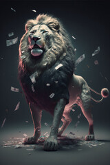 lion in suit with banknotes falling around, realistic lion, detailed, income tax, generative ai