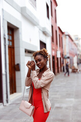 Young woman walking alone in the city