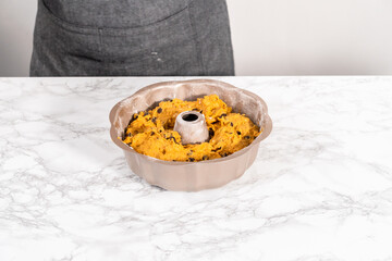 Chocolate pumpkin bundt cake with toffee glaze