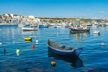 Boats moored in St. Paul's Bay Harbour, St. Paul's Bay, Malta.