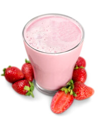 Fresh strawberry fruits and smoothies on white