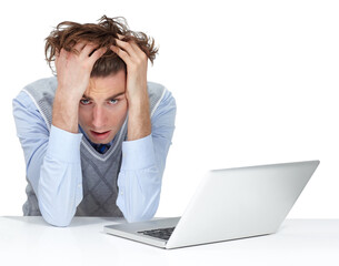 Stress, headache and businessman on laptop, white background and 404 technology glitch. Tired worker with burnout, computer virus and mistake in studio with anxiety, crisis and confused tax problem