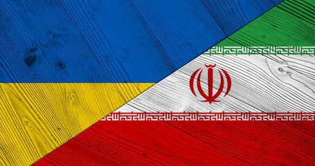 Background with flag of Ukraine and Iran on wooden split board. 3d illustration