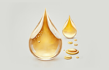 Yellow liquid drops cosmetic oil close-up. Skincare essence, haircare serum, golden collagen AI Generated