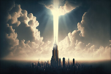 Fototapeta premium A skyscraper lit from a light from the sky as though bathe in holy light, City of Light and Hope. Ideas of aspiration and growth