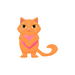 Valentine's Day greeting card. A ginger cartoon cat holds a pink heart. vector.