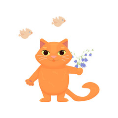 Cartoon cat. Spring image. The cat holds spring flowers, birds fly. Vector