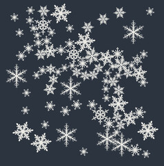 Lace pattern of white snowflakes on a dark gray background. A unique author's snowflake to decorate the winter holidays. Vector image of a Christmas symbol.