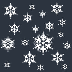 Naklejka na ściany i meble Lace pattern of white snowflakes on a dark gray background. A unique author's snowflake to decorate the winter holidays. Vector image of a Christmas symbol.