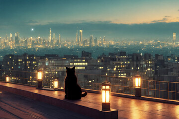 Fototapeta na wymiar A cat sitting in front of a big city night lights background created with Generative AI technology