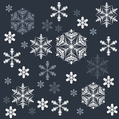 Lace pattern of white snowflakes on a dark gray background. A unique author's snowflake to decorate the winter holidays. Vector image of a Christmas symbol.