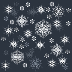 Lace pattern of white snowflakes on a dark gray background. A unique author's snowflake to decorate the winter holidays. Vector image of a Christmas symbol.