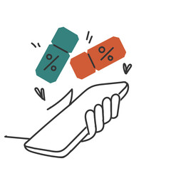 hand drawn doodle person holding Phone with discount coupon illustration vector