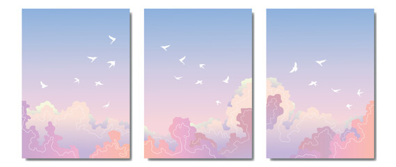 Set of vector pictures with birds. Wonderful heavenly pink sunset with clouds and soaring birds on a blue background. Gradient abstract art for wall decoration, posters, print, decor.