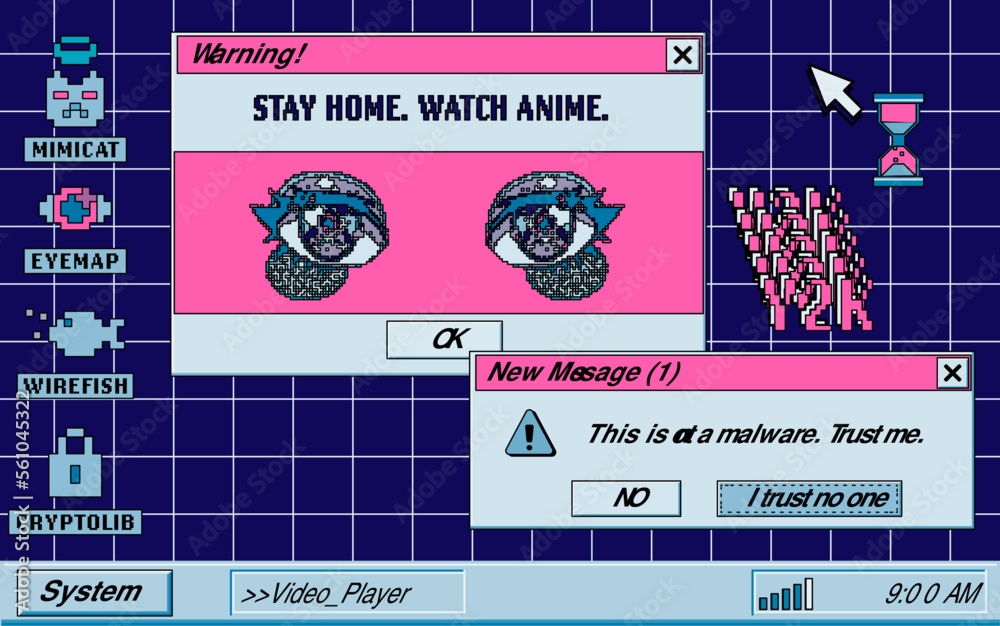 Poster Screen of a computer with open tabs and a video player that shows anime. Vector illustration in collage vaporwave city-pop style.