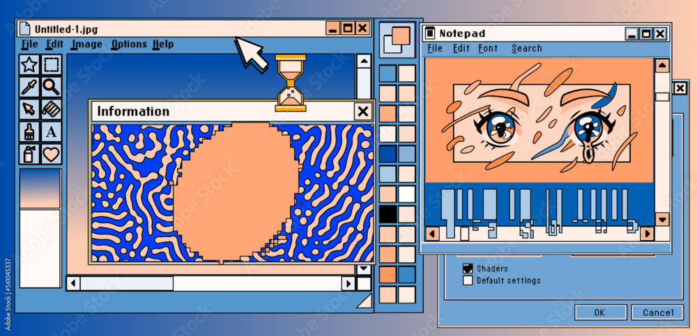 Aufkleber Screen of a computer with open tabs and a video player that shows anime. Vector illustration in collage vaporwave city-pop style.