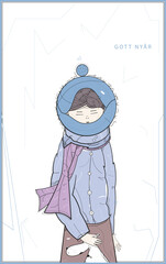 Vector new year card imaging a brown-haired girl with a white dog. The girl dressed with the pom pom hat. Text is in Swedish and can be translated as Happy or Good New Year.