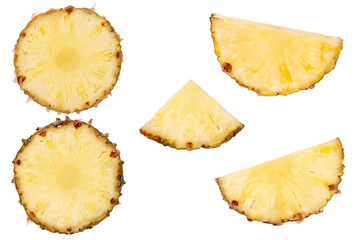 Pieces of fresh juicy pineapple rings, half, quarter. Isolated.