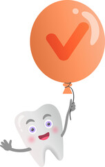 Cartoon tooth flying on a balloon with a checkmark, done