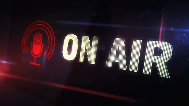 On Air symbol light flashing on digital display. Radio live studio and podcast icon on pixel led screen. Close-up loopable and seamless abstract concept. 