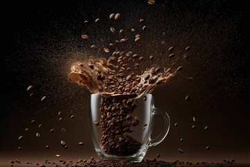 Coffee brewing in motion: Whole and grounded beans falling into a clear glass cup, generative ai composite