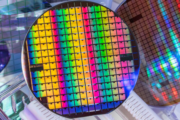Silicon monocrystalline wafer with microchips manufacturing used in fabrication of electronic integrated circuits.