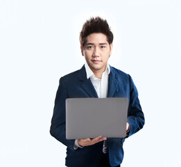 Asian business man hold laptop with business suite on clear