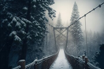 suspension bridge deep in the forest in winter, generative ai composite