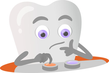Cartoon tooth thinks and chooses which button to press