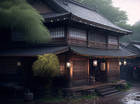 Rain and the Japanese House: A Study in Contrasts Image created with Generative AI technology.