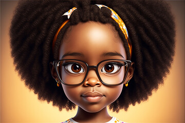 Portrait of a student girl with glasses. Cartoon kid afro hair black eyes close up. AI generative