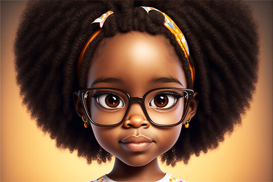 Portrait of a student girl with glasses. Cartoon kid afro hair black eyes close up. AI generative
