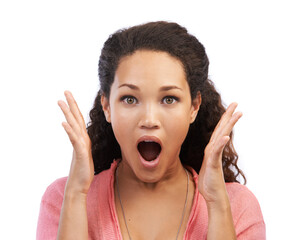 Portrait, wow and amazed with a black woman in studio on a white background in surprised shock. Face, hands and wtf with an attractive young female feeling overwhelmed with a shocked expression