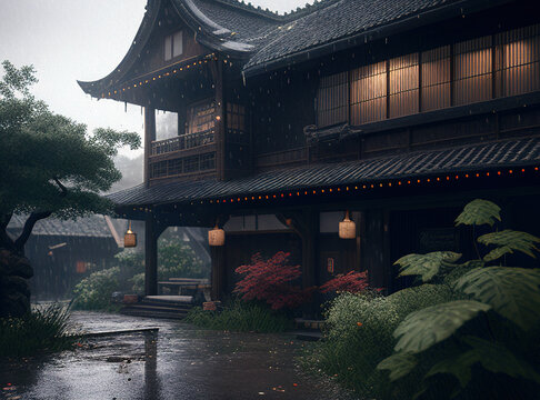 Rain and the Nature of Japanese Houses Image created with Generative AI technology.