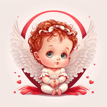 cute baby angel red hearts light background cartoon generated ai
