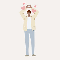 Man stands with his hands spread and hearts floating on the background.love and valentine concept.Vector illustration.