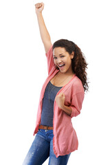 Portrait, winner and success celebration of woman in studio isolated on a white background mock up. Winning, achievement and happy young female fist pump celebrating goals, targets or lottery victory