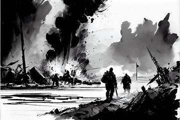 A black and white pen illustration of the Allied invasion of occupied France during Operation Overlord D-Day on the 6th of June 1944 in Normandy.
