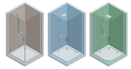 Isometric set of shower stall. Bathroom interior design with shower cabin