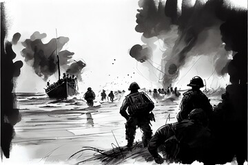 A black and white pen illustration of the Allied invasion of occupied France during Operation Overlord D-Day on the 6th of June 1944 in Normandy.
