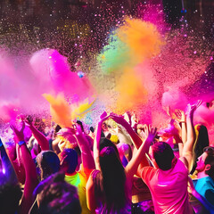 Fototapeta na wymiar People dancing and throwing colorful glitter carnaval 