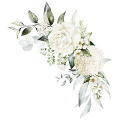 Watercolor floral illustration bouquet - white flowers, rose, peony, green and gold leaf branches collection. Wedding stationary, greetings, wallpapers, fashion, background. Eucalyptus, olive, leaves.