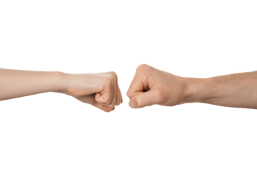 Man's and woman's fists near each other, about to fist bump. Fight, clash, conflict concept.