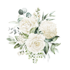 Obraz na płótnie Canvas Watercolor floral illustration bouquet - white flowers, rose, peony, green and gold leaf branches collection. Wedding stationary, greetings, wallpapers, fashion, background. Eucalyptus, olive, leaves.