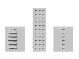 Primitive 3d illustration of multi-storey apartment blocks in isolated background. Real estate, construction and development business concept